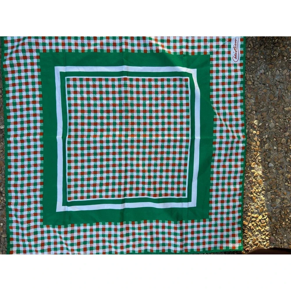 Christian Scarf Womens OS Green Gingham Check Vintage Square Neck Hair Wrap Good